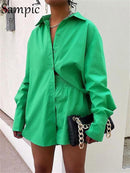 Sampic Women Blue Suit 2022 Casual Loose Long Sleeve Shirt Summer Tops And Mini Shorts Fashion Tracksuit Two Piece Set Outfits