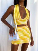 FUFUCAILLM Two-piece Striped Knitted Tracksuits Women Sexy V-neck Crop Tops + Skirt Short Dress Sets Tie Dyed Y2k Summer Outfits