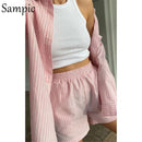 Sampic Loung Wear Tracksuit Women Shorts Set Stripe Long Sleeve Shirt Tops And Waist Loose High Mini Shorts Two Piece Sets 2021