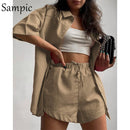 Sampic Loung Wear Tracksuit Women Shorts Set Stripe Long Sleeve Shirt Tops And Waist Loose High Mini Shorts Two Piece Sets 2021