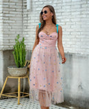 ISAROSE 2022 Strawberry Dress Women Deep V Puff Sleeve Sweet Voile Mesh Sequins Embroidery French Party Dresses 4XL 5XL