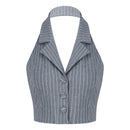 Womens Stripe Vests Elegant OL Waistcoat Suit Vest Halter Neck V-Neck Office Ladies Crop Tops Business Formal Work Wear Mujer