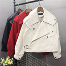 FTLZZ New Spring Women Faux Leather Jacket Biker Red White Coat Turndown Collar PU Motorcycle Jackets Loose Streetwear Outerwear