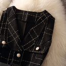 Vintage Mid-Length Plaid Tweed Vest Jacket Women 2 Piece Set Elegant Pearl Button Belted Unlined Waistcoat And Knitted Sweater