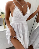 Women Summer Dress Solid Color Crochet Spaghetti Strap V-Neck Backless Tied Braces Short Dress for Girls White