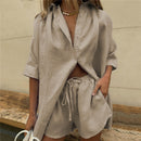 Cotton and Linen suit 2021 Women Solid Clothes Set Half Sleeve Lapel Neck Button-up Shirt+Irregular Hem Drawstring Shorts Sets