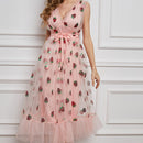 ISAROSE 2022 Strawberry Dress Women Deep V Puff Sleeve Sweet Voile Mesh Sequins Embroidery French Party Dresses 4XL 5XL