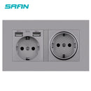 SRAN eu 2gang Power socket,16A electrical plug grounded Hide LED indicator,double Socket with USB, 146*86mm pc panel wall socket