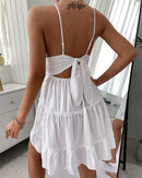 Women Summer Dress Solid Color Crochet Spaghetti Strap V-Neck Backless Tied Braces Short Dress for Girls White