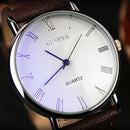 Men Watch Roman Numerals Blu-Ray Faux Leather Band Quartz Analog Business WristWatch