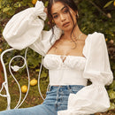 KLALIEN Spring Summer Fashion Elegant French Romantic Floral Puff Sleeve Square Collar Women Blouses New White Chiffon Shirt