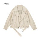 FTLZZ 2022 New Spring Women Pu Leather Motorcycle Jacket Female With Belt Solid Color Jackets Ladys Loose Casual Jacket