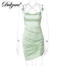 Dulzura Satin Women Strap Mini Dress Ruched Lace Up Cross Bandage Backless Bodycon Sexy Party Elegant 2020 Club Christmas Slim