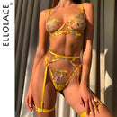 Ellolace Lingerie Sensual Lace Underwear Transparent Embroidery 3-Piece Garters Fancy Beautiful Short Skin Care Kits Intimate