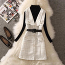 Vintage Mid-Length Plaid Tweed Vest Jacket Women 2 Piece Set Elegant Pearl Button Belted Unlined Waistcoat And Knitted Sweater