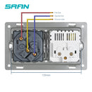 SRAN eu 2gang Power socket,16A electrical plug grounded Hide LED indicator,double Socket with USB, 146*86mm pc panel wall socket