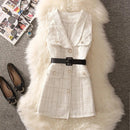 Vintage Mid-Length Plaid Tweed Vest Jacket Women 2 Piece Set Elegant Pearl Button Belted Unlined Waistcoat And Knitted Sweater