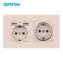 SRAN eu 2gang Power socket,16A electrical plug grounded Hide LED indicator,double Socket with USB, 146*86mm pc panel wall socket