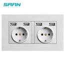 SRAN eu 2gang Power socket,16A electrical plug grounded Hide LED indicator,double Socket with USB, 146*86mm pc panel wall socket
