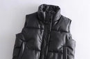 Black Stand Collar Vests Women Fashion Zipper PU Leather Coats Women Elegant Autumn Winter Short Vests Female Ladies
