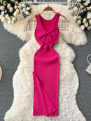 ALPHALMODA 2021 Summer Hollow Out Twisted Back Sleeveless High Slit Sexy Women Knitted Dress Solid Color Feminine Mid-calf Dress