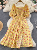 YuooMuoo Limited Big Sale Women Dress Fashion Romantic Floral Print Split Long Summer Dress Puff Sleeve Party Korean Vestidos