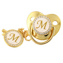 Name Initial Letter Baby Pacifier and Pacifier Clips BPA Free Silicone Infant Nipple Gold Bling Newborn Dummy Soother