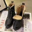 Pofulove Winter Boots Women Shoes Black Leather Boots Fur Ankle Booties Velvet Plush Warm Platform Shoes Fashion Designer Botas