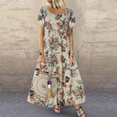 Vintage Floral Long Dress Women Summer Elegant Linen Short Sleeve Boho Maxi Dress Female Holiday Sundress Party Dresses Vestidos