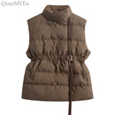New Fashion Autumn Stand Collar Elegant Coats Warm Outerwear Casual Belt Sleeveless Winter Women Vests Jackets