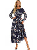 Women Elegant Floral Printed Long Dresses Spring Summer Casual O Neck Long Sleeve Ladies Chic High Waist A Line Beach Dresses
