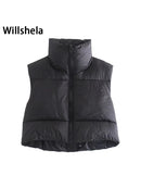 Willshela Women Fashion High Neck Cropped Waistcoat Puff Vest Casual Woman Sleeveless Jacket Chic Lady Winter Warm Outfits