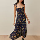 Dresses For Women 2022 Elegant Vintage Floral Dress Frill Sweetheart Neck Sleeveless Strap Tie Ruffle Hem Summer Beach Dress