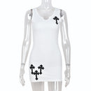 Sifreyr Cross Printed White Mini Dress For Women Sleeveless V-Neck Basic Tank Dress Y2K Streetwear Outfits Party Bodycon Dresses