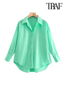 TRAF Women Fashion Loose Asymmetry Poplin Blouses Vintage Long Sleeve Button-up Female Shirts Blusas Chic Tops