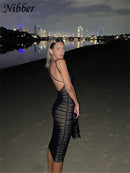 Nibber 2021 Sexy Mesh Pleated Long Prom Dresses For Women's Clothing Solid Color Beach Party Wear Midi Wrap Dress Street Outfit