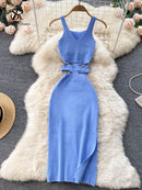 SINGREINY Summer Knit Sexy Strap Dress Women Hollow Out Elatic Waist Bodycon Sundress Female Beach Split Backless Long Dress