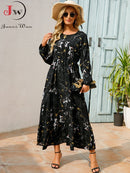 Women Elegant Floral Printed Long Dresses Spring Summer Casual O Neck Long Sleeve Ladies Chic High Waist A Line Beach Dresses