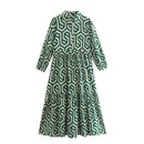 ZEVITY New Women Vintage Geometric Print Pleats Casual Slim Midi Shirt Dress Female Chic Pleats Ruffles A Line Vestido DS395