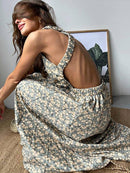 Women Elegant Print Backless Dress 2022 Summer Boho Long Sleeve Floral Hollow Out Dress Casual Loose Beach Vacation Lady Dresses