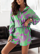 Print Shorts Suits Woman Vintage Long Sleeve Shirt And Short Pants Suit Two Piece Set Female Casual Outfit