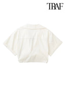 TRAF Women Fashion Front Knot Elastic Linen Cropped Shirts Vintage Short Sleeve Patch Pockets Female Blouses Blusa Chic Tops