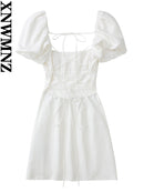 XNWMNZ women white fashion linen blend dress female square neck short puff sleeves backless crossover straps dress for women's