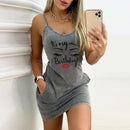 Sexy Straps Dress Women Summer Fashion Letter Print Pocket O Neck Sleeveless Party Dress Casual Slim Backless Ladies Mini Dress