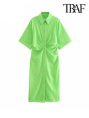 TRAF Women Chic Fashion Button-up Draped Midi Shirt Dress Vintage Short Sleeve Side Zipper Female Dresses Vestidos