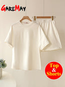 Green Suit Shorts with T-shirt for Women and Top Loose Oversize 100% Cotton Summer Two Piece Set Women Classic Tracksuit Casual