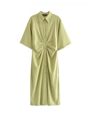 TRAF Women Chic Fashion Button-up Draped Midi Shirt Dress Vintage Short Sleeve Side Zipper Female Dresses Vestidos