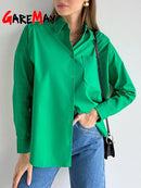 Green Women's Oversize Shirt White 100% Cotton Long Sleeve Loose Basic Top Spring Elegant Beautiful Blouses New 2022 for Women