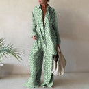 Summer Fashion Printed Loose Long Sleeves Shirts Straight Pants Two Piece Suits New Streetwear Women&