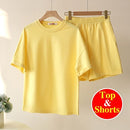 Summer Cotton Tracksuit Women Spring Loose Two Piece Sets Casual Long Sleeve Sweatshirt & Elastic Waist Shorts Female Outfits